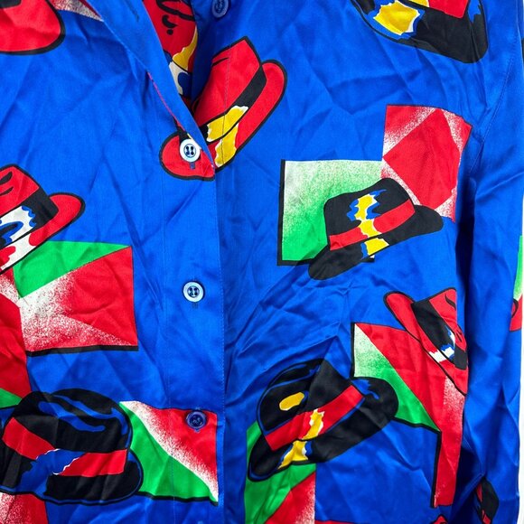 Escada Vintage‎ Silk Blouse Fedora Print Blue - Picture 2 of 4